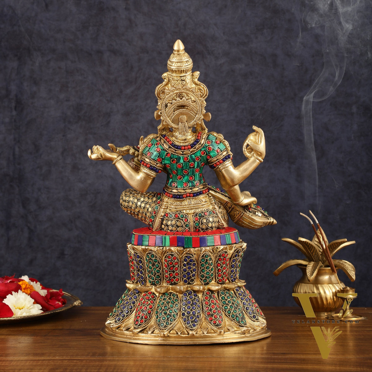 Brass Saraswati Statue | 14.5" Height | meenakari