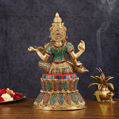 Brass Saraswati Statue | 14.5" Height | meenakari