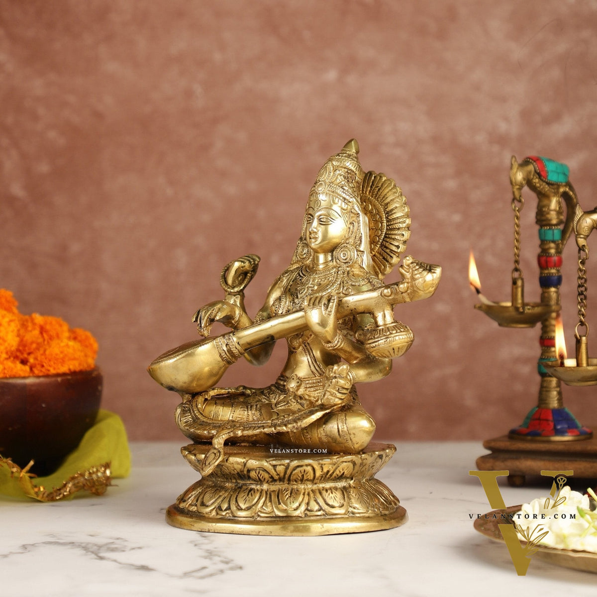 Brass Saraswati Statue 9" antique finish