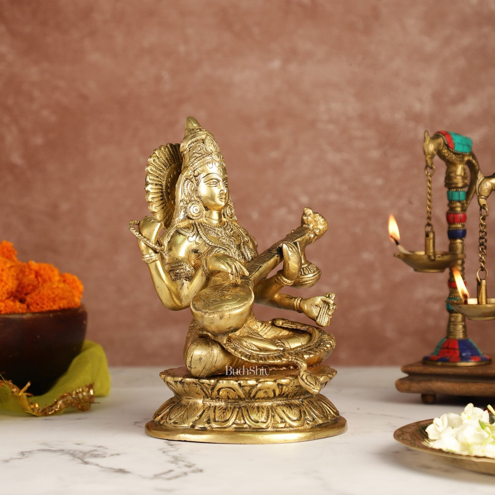 Brass Saraswati Statue 9" antique finish