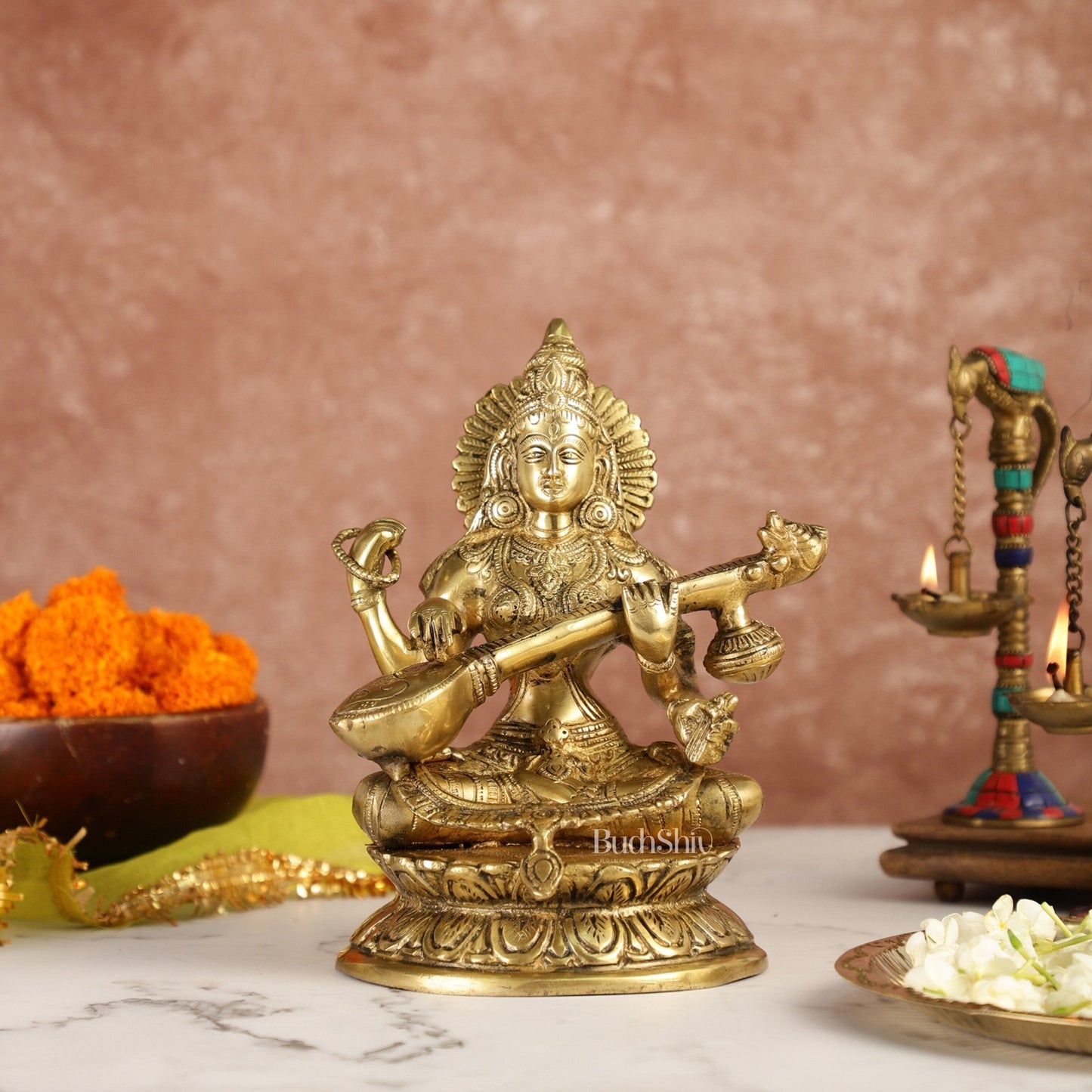 Brass Saraswati Statue 9" antique finish