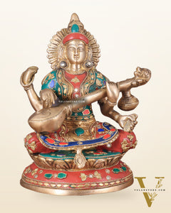 Brass Saraswati Statue With unique stonework 9"