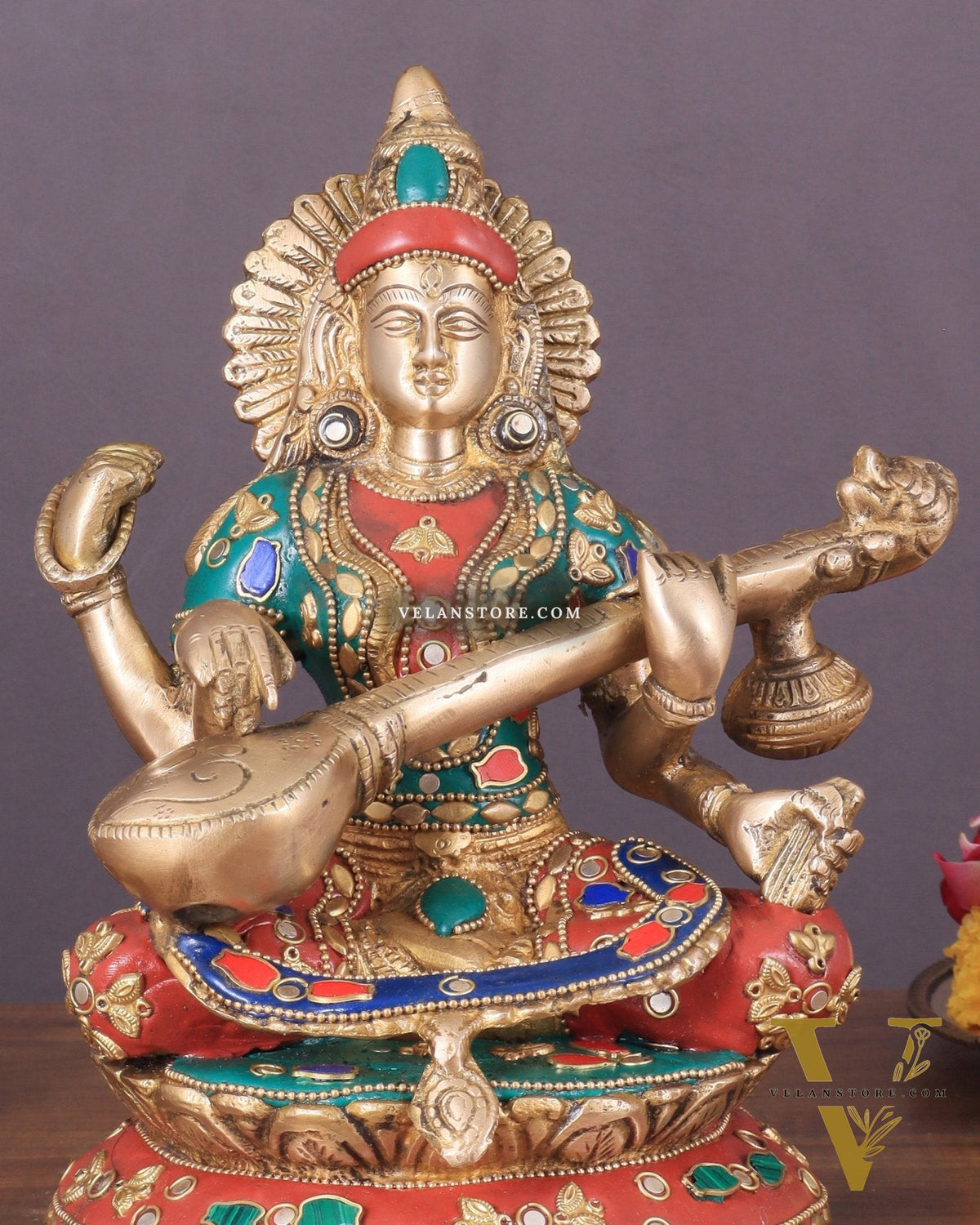 Brass Saraswati Statue With unique stonework 9"