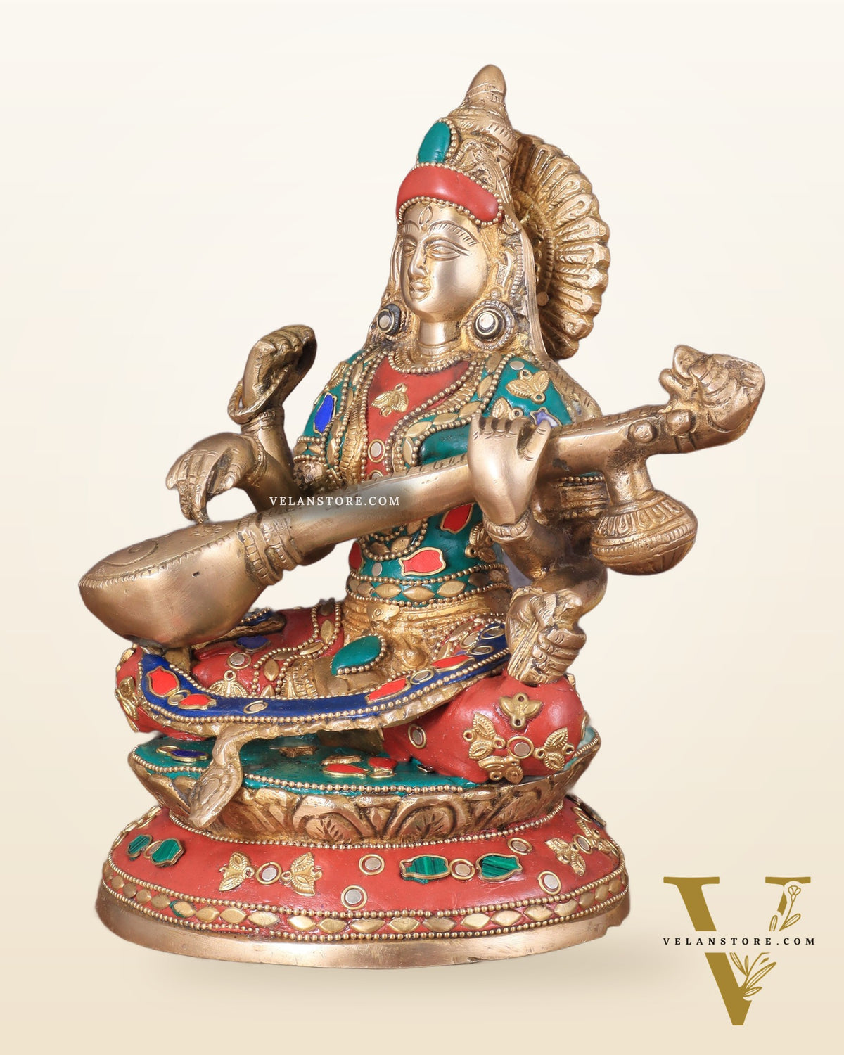 Brass Saraswati Statue With unique stonework 9"