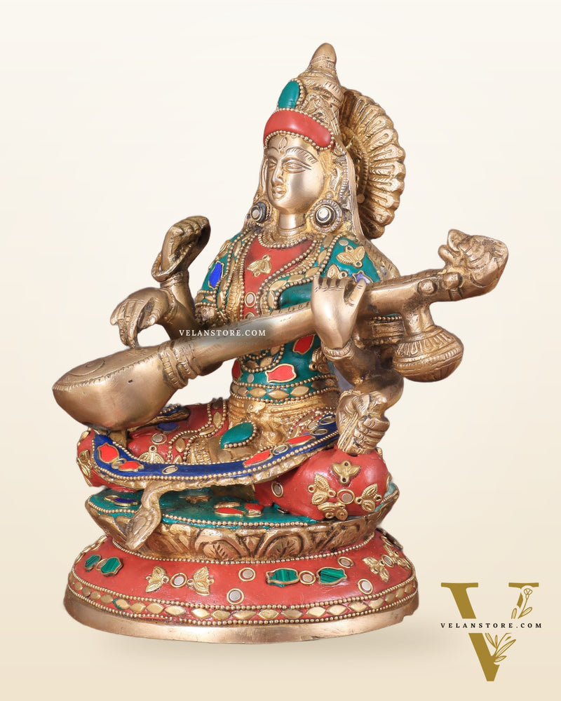 Brass Saraswati Statue With unique stonework 9"