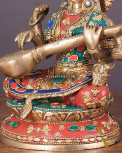 Brass Saraswati Statue With unique stonework 9"