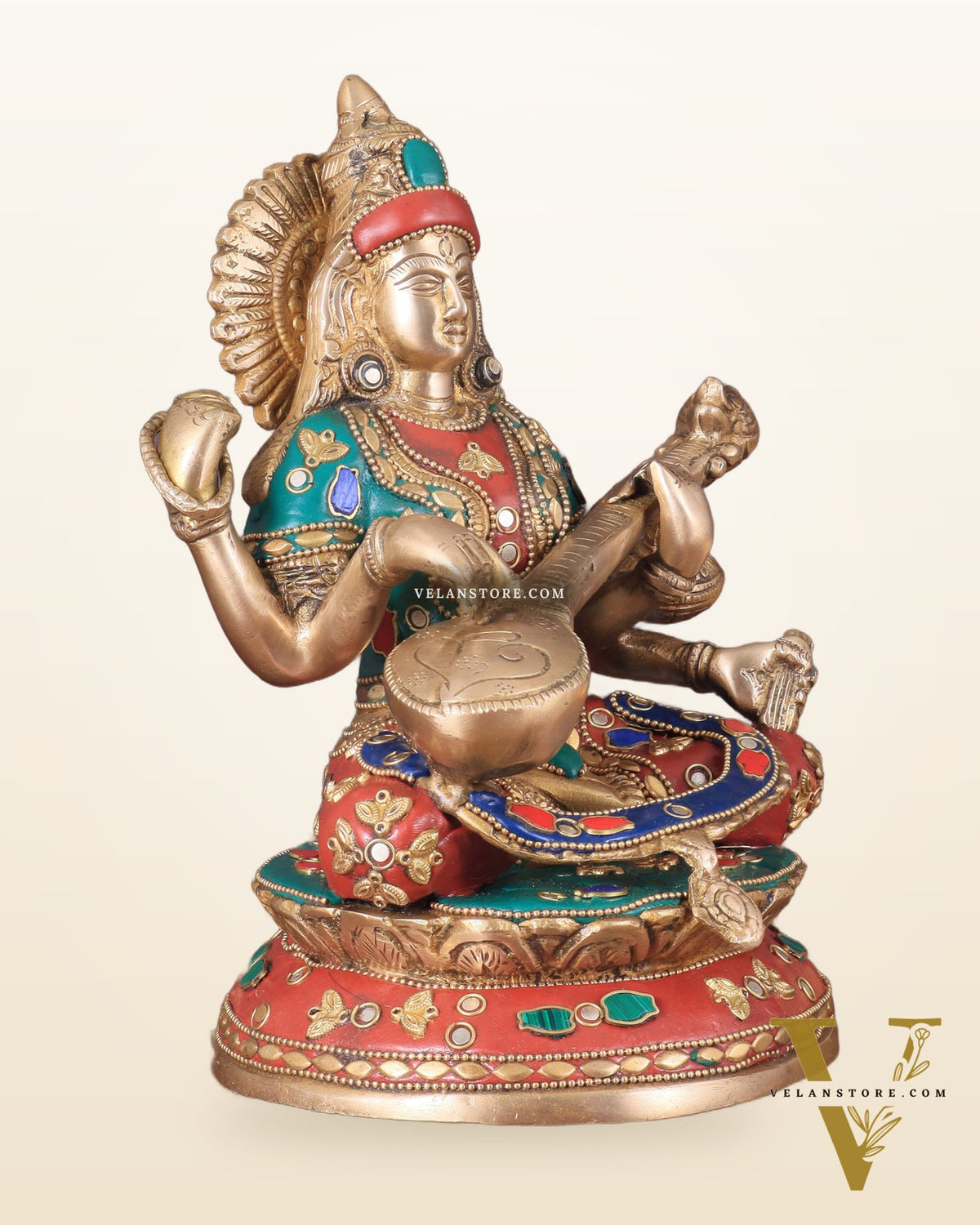 Brass Saraswati Statue With unique stonework 9"