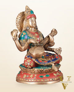 Brass Saraswati Statue With unique stonework 9"