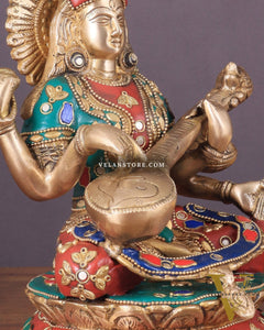 Brass Saraswati Statue With unique stonework 9"