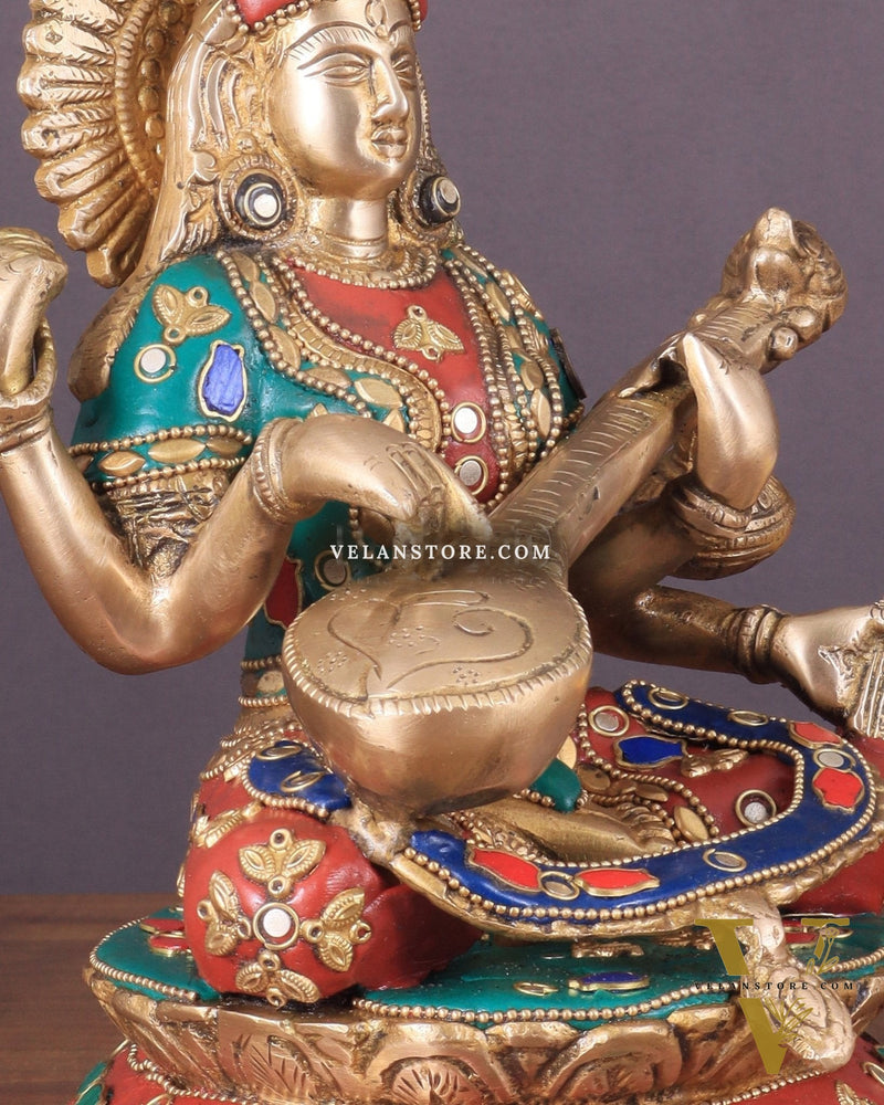 Brass Saraswati Statue With unique stonework 9"