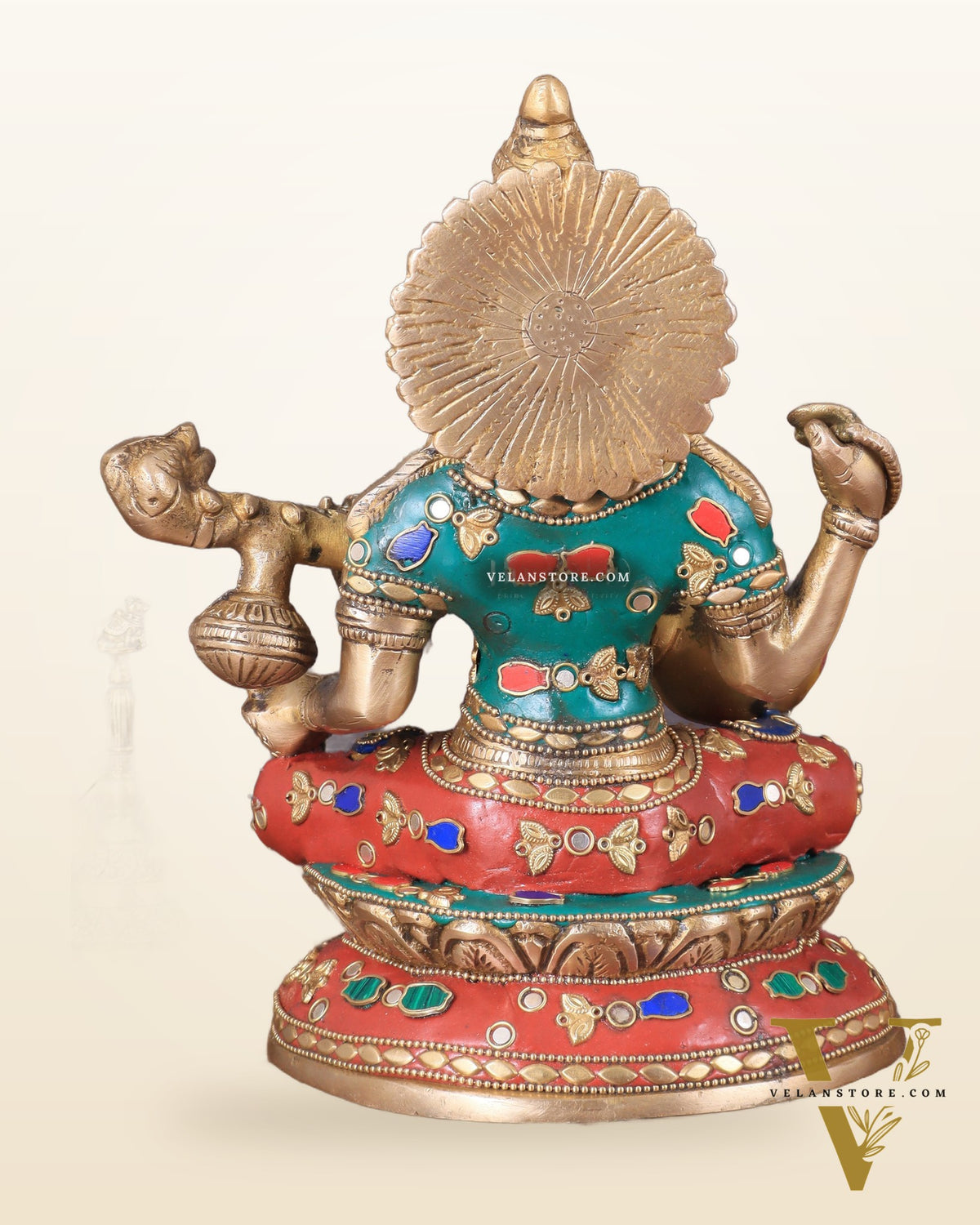 Brass Saraswati Statue With unique stonework 9"
