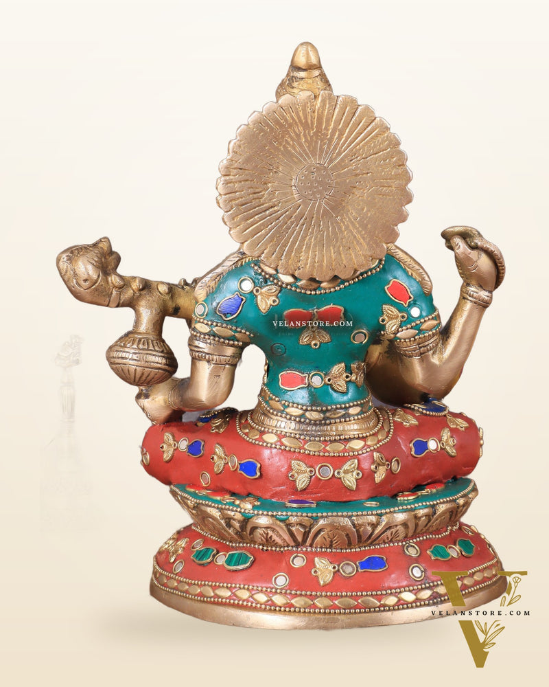 Brass Saraswati Statue With unique stonework 9"