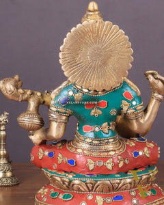 Brass Saraswati Statue With unique stonework 9"