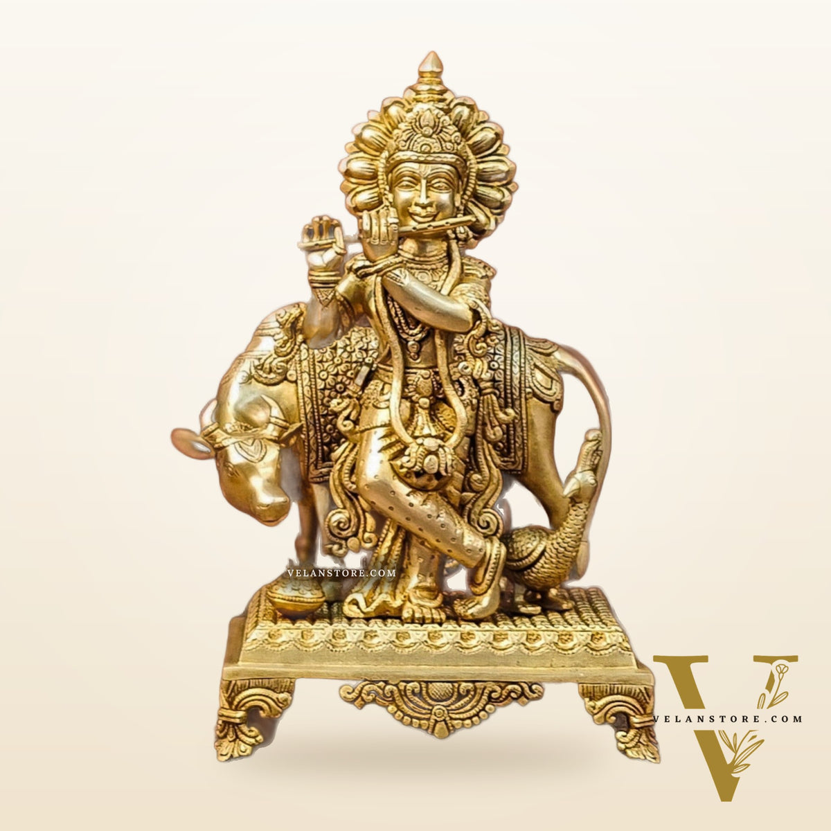 Brass Sculpture of Krishna with Cow and Peacock | Height 16 Inch
