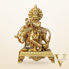 Brass Sculpture of Krishna with Cow and Peacock | Height 16 Inch