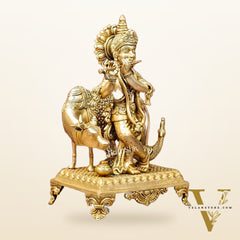Brass Sculpture of Krishna with Cow and Peacock | Height 16 Inch