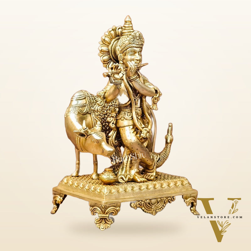 Brass Sculpture of Krishna with Cow and Peacock | Height 16 Inch