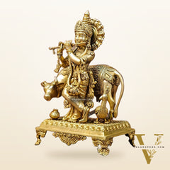 Brass Sculpture of Krishna with Cow and Peacock | Height 16 Inch