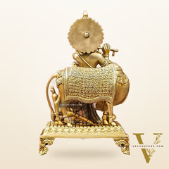 Brass Sculpture of Krishna with Cow and Peacock | Height 16 Inch