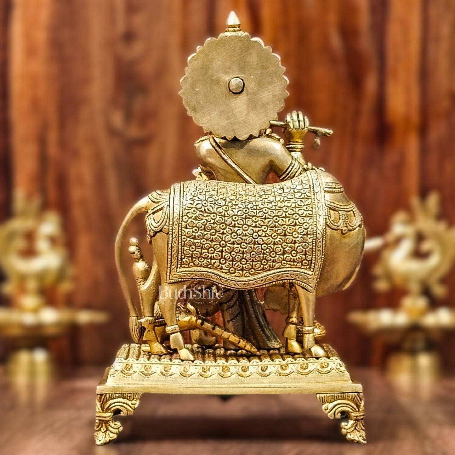 Brass Sculpture of Krishna with Cow and Peacock | Height 16 Inch
