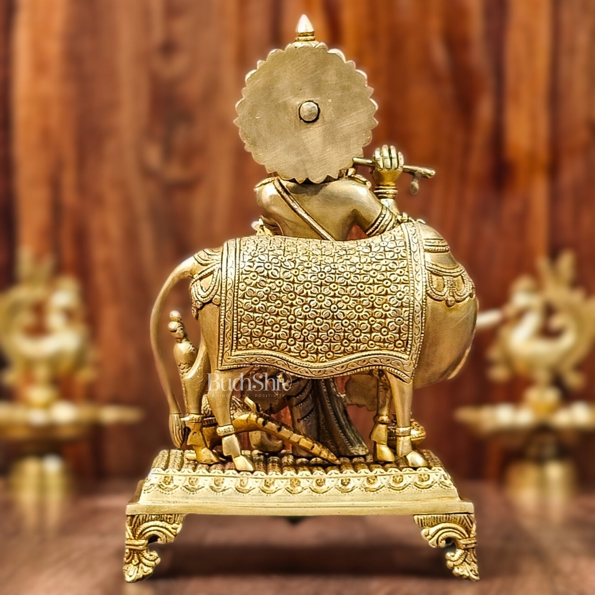 Brass Sculpture of Krishna with Cow and Peacock | Height 16 Inch