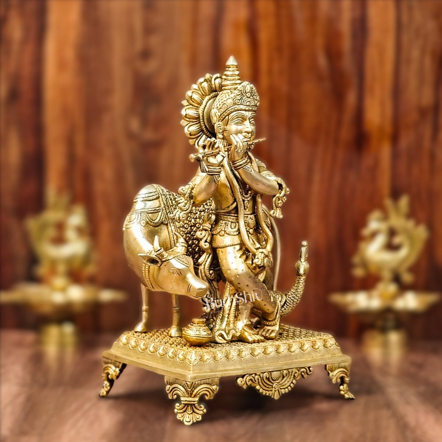 Brass Sculpture of Krishna with Cow and Peacock | Height 16 Inch