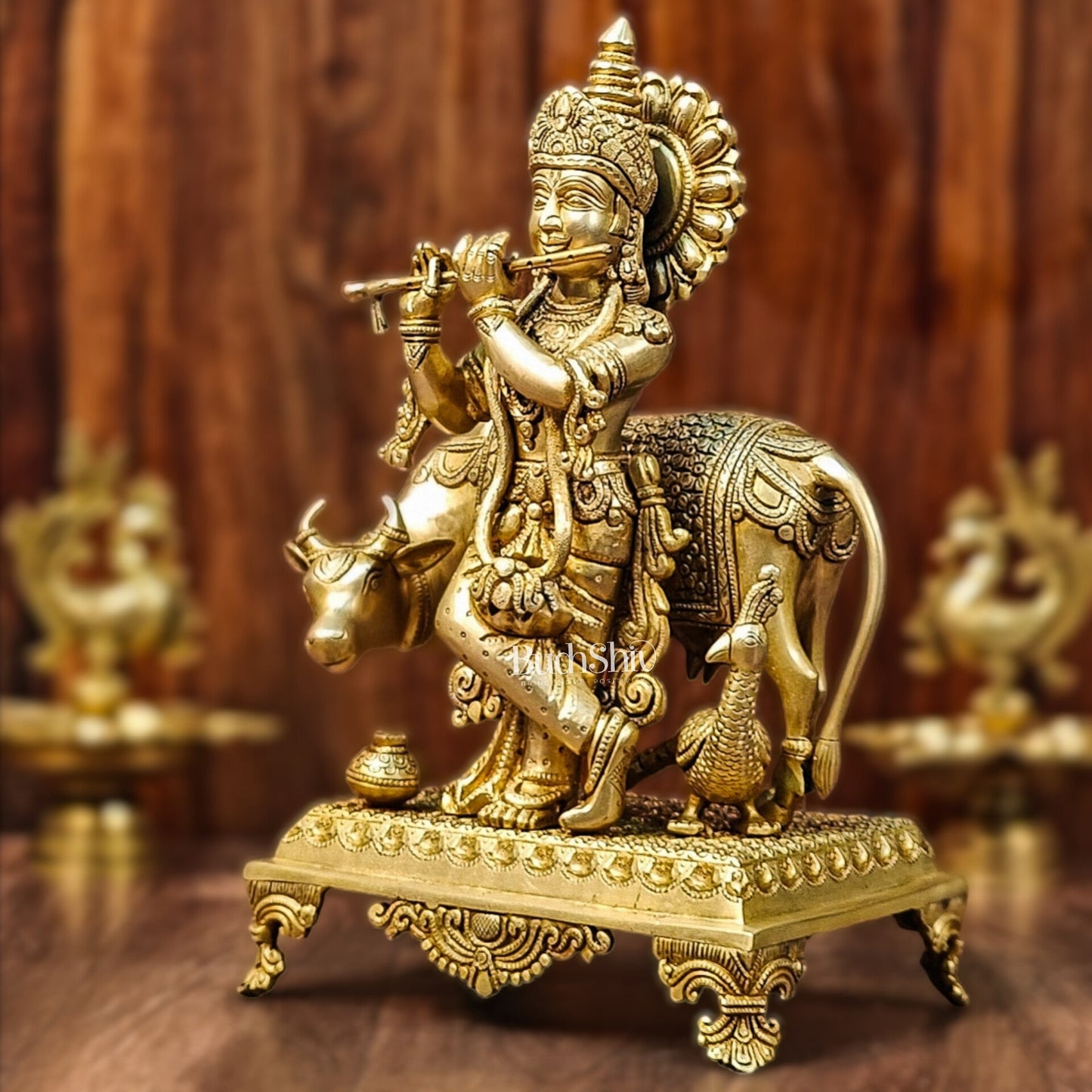 Brass Sculpture of Krishna with Cow and Peacock | Height 16 Inch