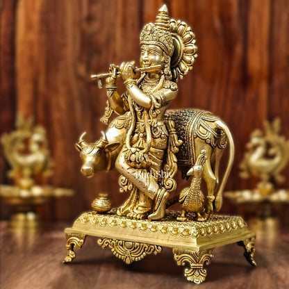 Brass Sculpture of Krishna with Cow and Peacock | Height 16 Inch
