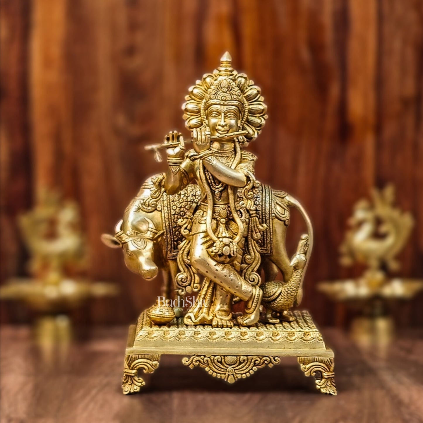 Brass Sculpture of Krishna with Cow and Peacock | Height 16 Inch