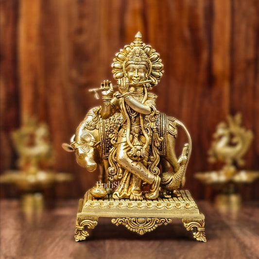 Brass Sculpture of Krishna with Cow and Peacock | Height 16 Inch