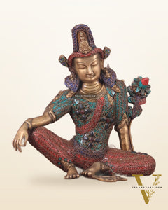 Brass Seated Indra Statue with Nepalese Copper Wire Inlay - 12"