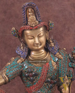 Brass Seated Indra Statue with Nepalese Copper Wire Inlay - 12"
