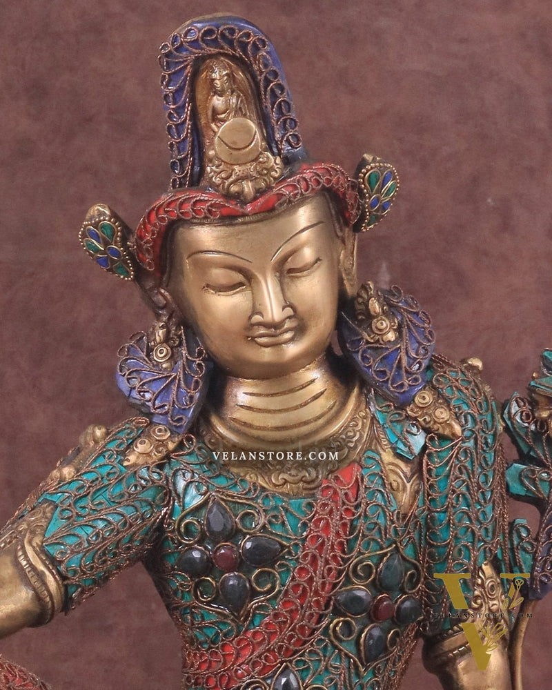Brass Seated Indra Statue with Nepalese Copper Wire Inlay - 12"