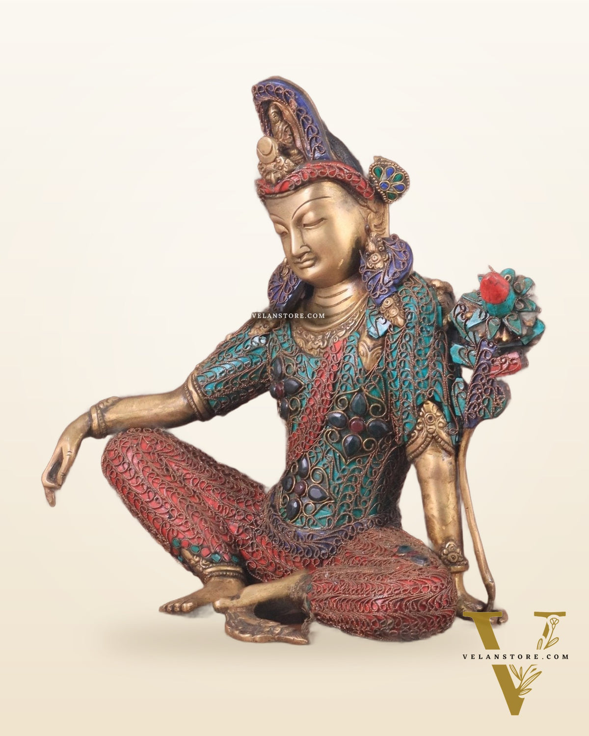 Brass Seated Indra Statue with Nepalese Copper Wire Inlay - 12"