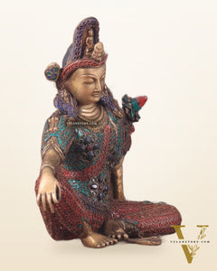 Brass Seated Indra Statue with Nepalese Copper Wire Inlay - 12"