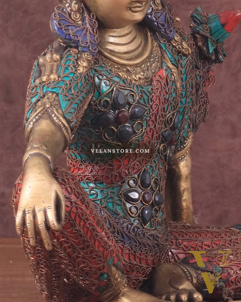 Brass Seated Indra Statue with Nepalese Copper Wire Inlay - 12"