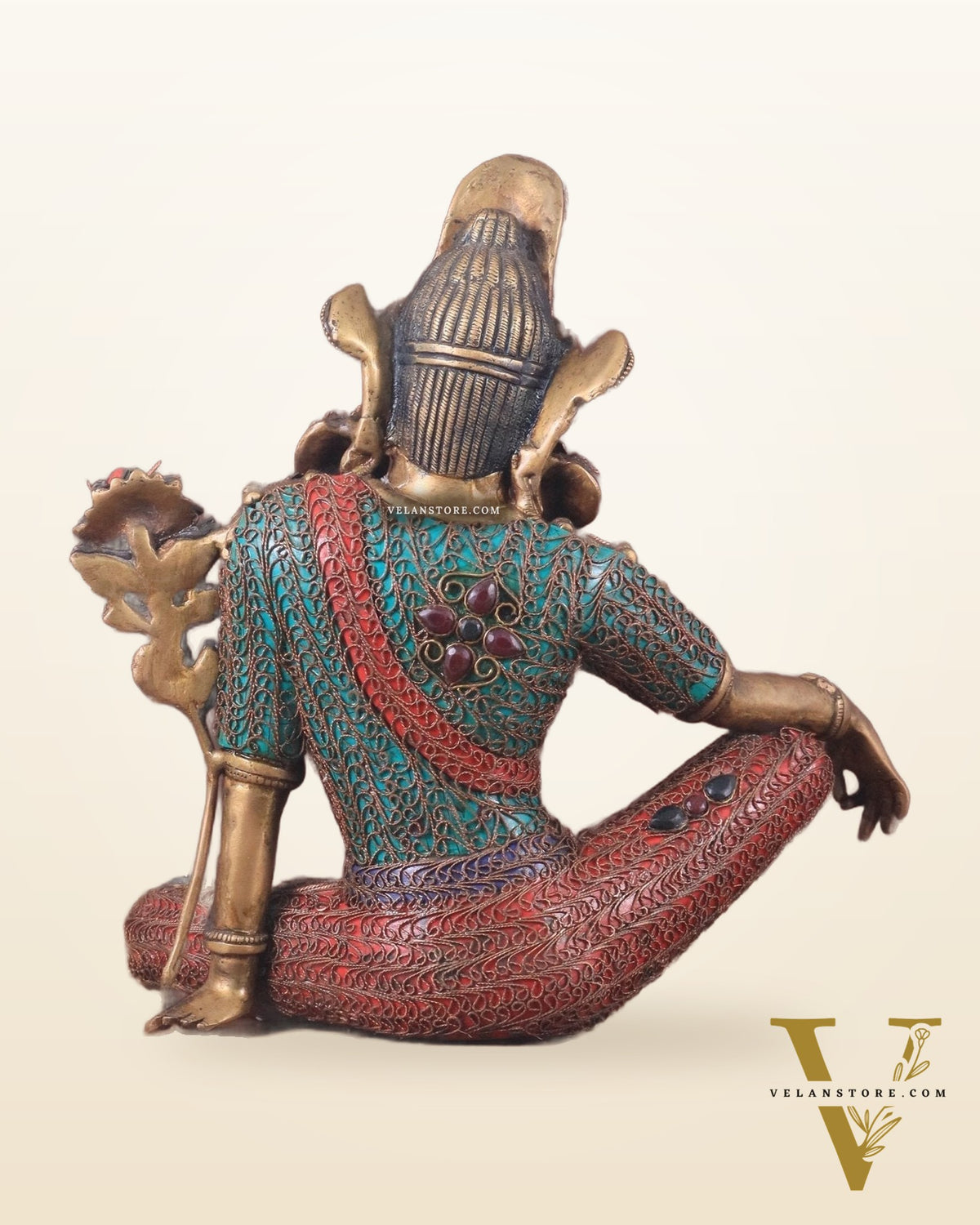 Brass Seated Indra Statue with Nepalese Copper Wire Inlay - 12"
