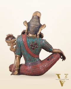 Brass Seated Indra Statue with Nepalese Copper Wire Inlay - 12"