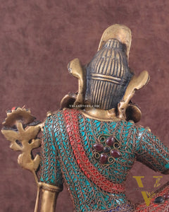 Brass Seated Indra Statue with Nepalese Copper Wire Inlay - 12"