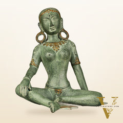 Brass Seated Nepalese Green Tara Idol – 10.5 Inch, - Antique Patina Hues |