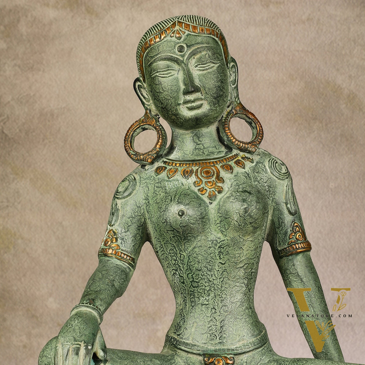 Brass Seated Nepalese Green Tara Idol – 10.5 Inch, - Antique Patina Hues |