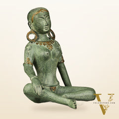 Brass Seated Nepalese Green Tara Idol – 10.5 Inch, - Antique Patina Hues |
