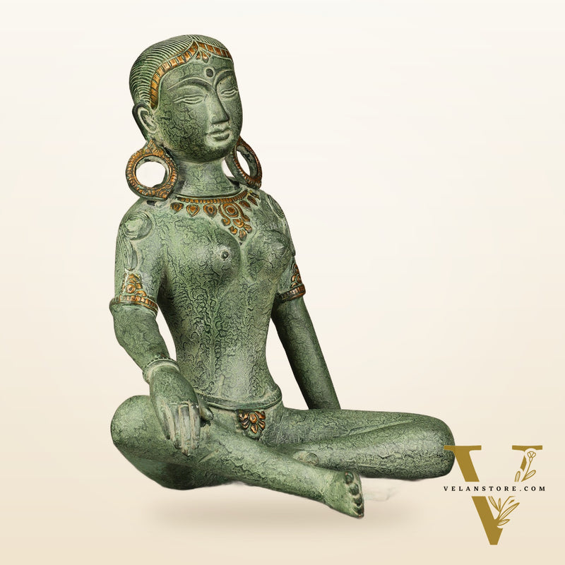 Brass Seated Nepalese Green Tara Idol – 10.5 Inch, - Antique Patina Hues |