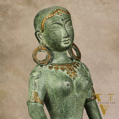 Brass Seated Nepalese Green Tara Idol – 10.5 Inch, - Antique Patina Hues |