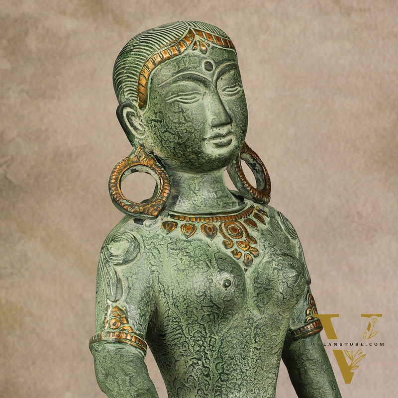 Brass Seated Nepalese Green Tara Idol – 10.5 Inch, - Antique Patina Hues |