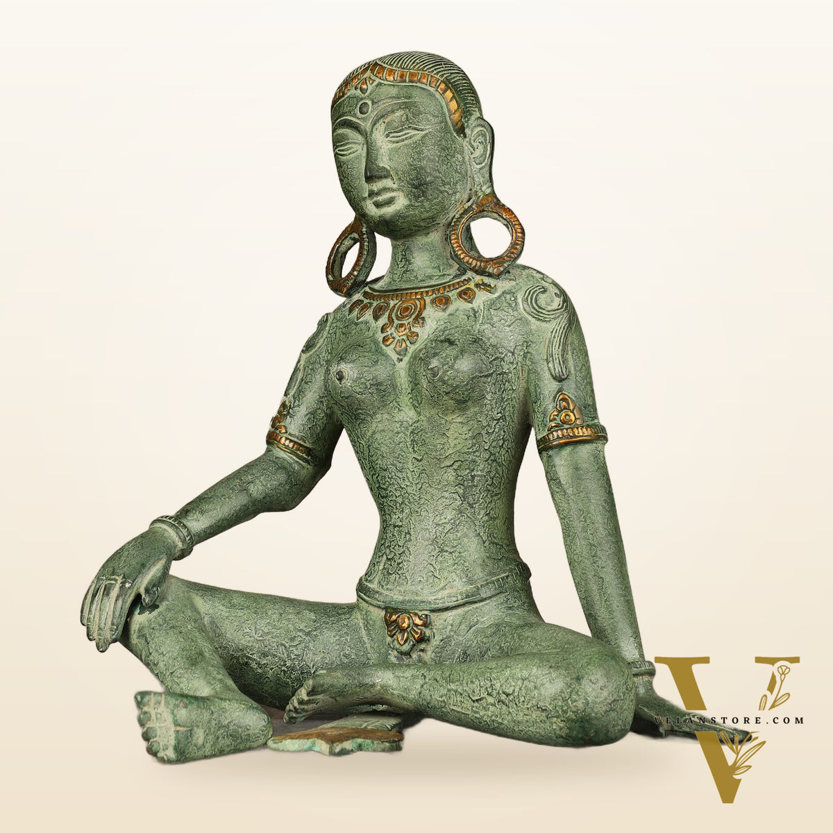 Brass Seated Nepalese Green Tara Idol – 10.5 Inch, - Antique Patina Hues |