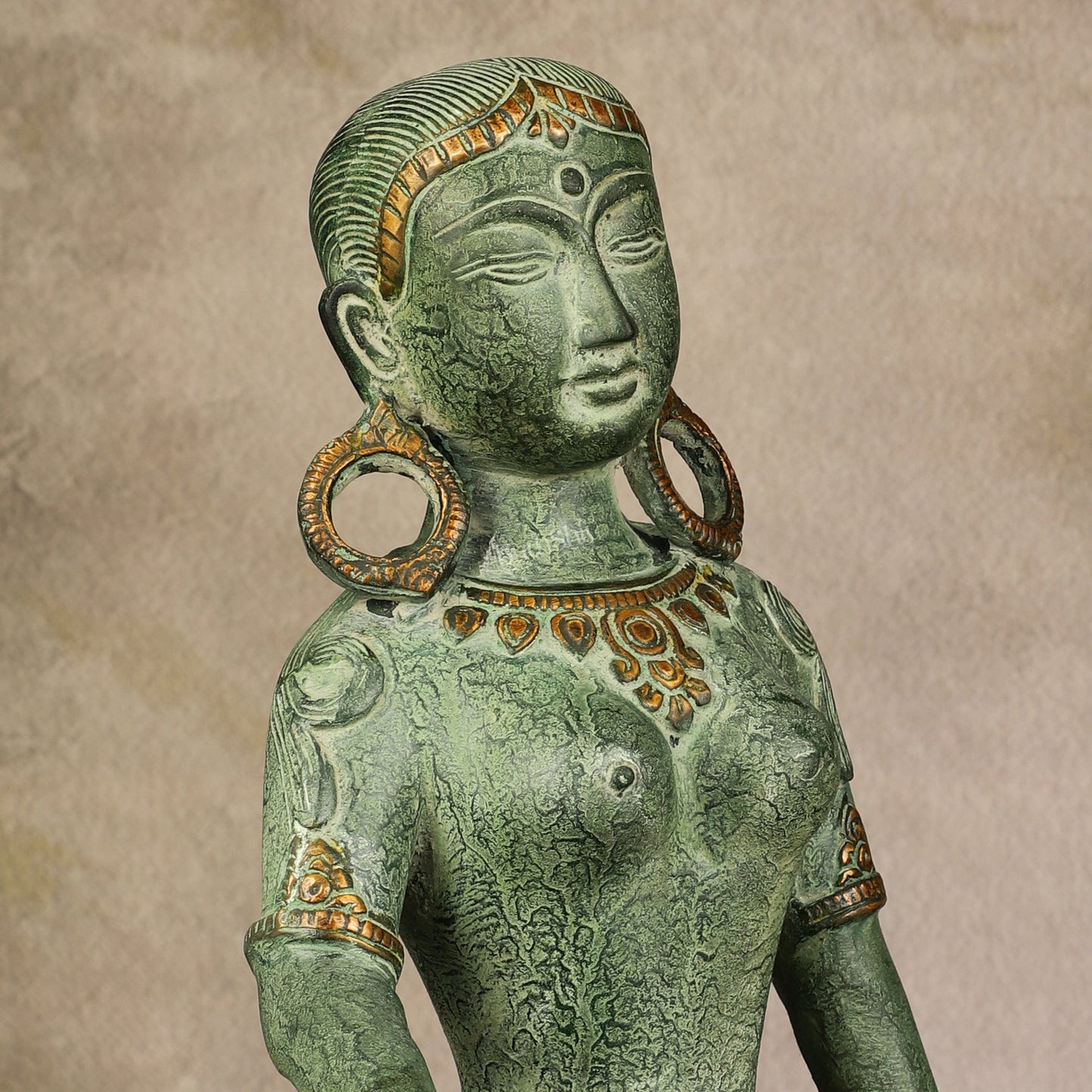 Brass Seated Nepalese Green Tara Idol – 10.5 Inch, - Antique Patina Hues |