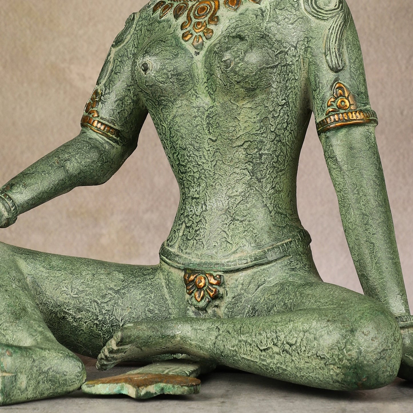 Brass Seated Nepalese Green Tara Idol – 10.5 Inch, - Antique Patina Hues |