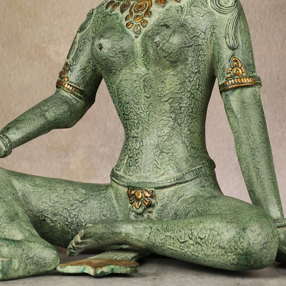 Brass Seated Nepalese Green Tara Idol – 10.5 Inch, - Antique Patina Hues |