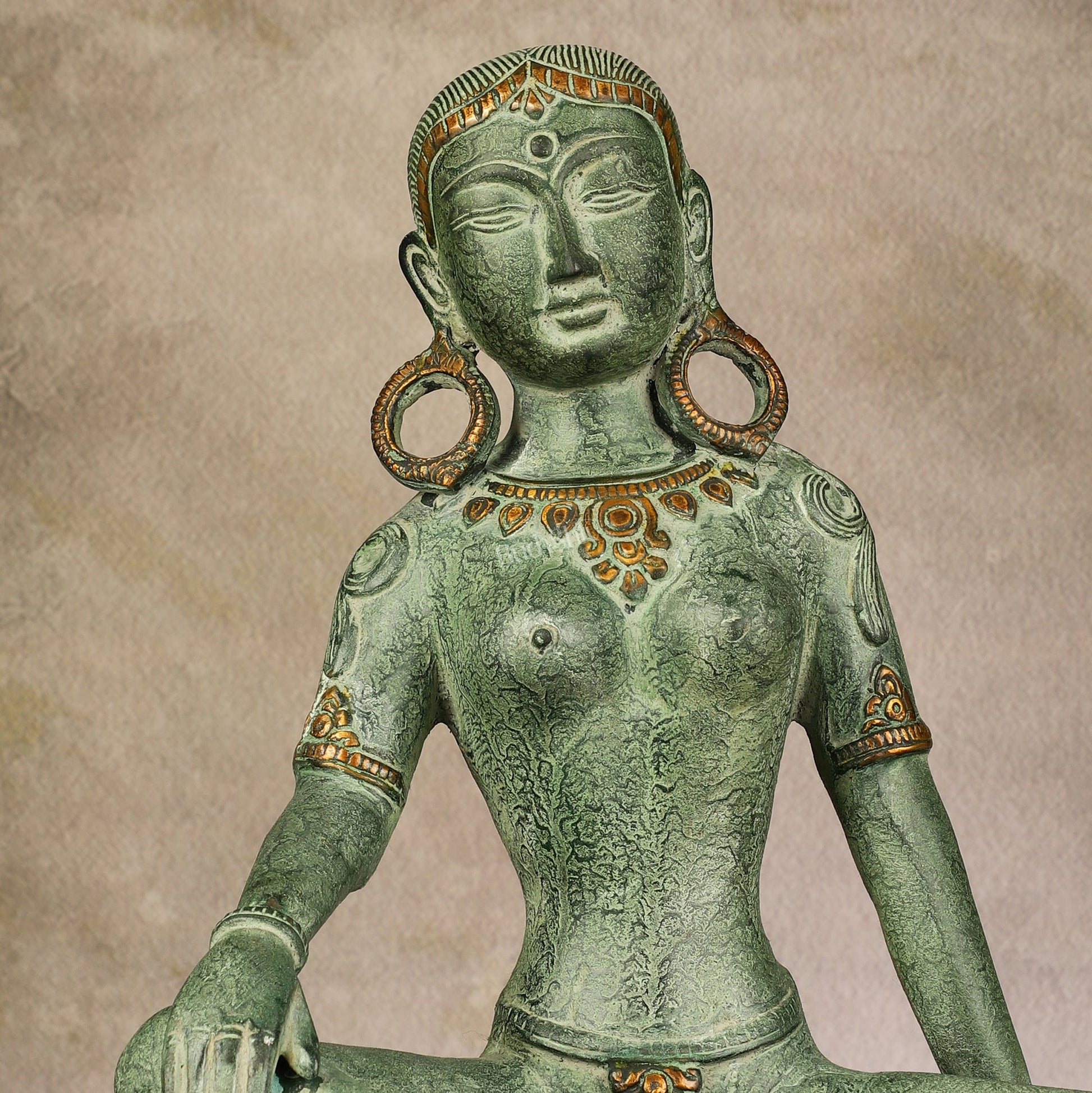 Brass Seated Nepalese Green Tara Idol – 10.5 Inch, - Antique Patina Hues |